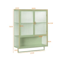Dulap modern cu uși din sticlă, două niveluri de spațiu închis, raft deschis și suport pentru prosoape, 70x23x78 cm, Verde(m-3)