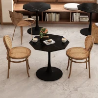 Mesa Moderna de Centro Octogonal con Tablero de MDF en Efecto Mármol y Base Metálica, 80x74x73 cm, Negro(m-5)