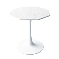 Mesa Moderna de Centro Octogonal con Tablero de MDF en Efecto Mármol y Base Metálica, 80x74x73 cm, Blanco(m-1)
