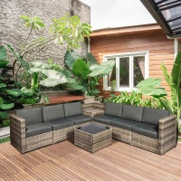 Outsunny 8 Pieces Outdoor PE Rattan Sofa Set with Cushions, Patio Garden Furniture Sets with Glass Top Coffee Table, Storage Corner Table, Mixed Brown(m-15)