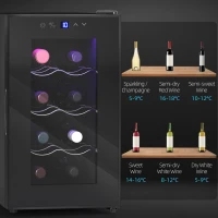 HOMCOM Mini Table Top Wine Fridge, 8 Bottle, 17L, 8-18℃, 26.5cm Quiet Under Counter Wine Cooler Fridge with Glass Door, LED Light, Digital Touch Screen, Temperature Control(m-9)