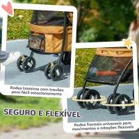 PawHut Carrinho para Animais de Estimação Dobrável com Janela de Malha Almofada Lavável Arnês de Segurança 82x47x97cm Marrom(m-5)