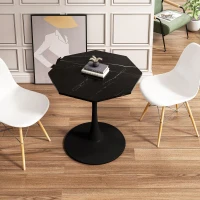 Mesa Moderna de Centro Octogonal con Tablero de MDF en Efecto Mármol y Base Metálica, 80x74x73 cm, Negro(m-2)