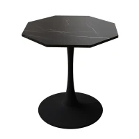 Mesa Moderna de Centro Octogonal con Tablero de MDF en Efecto Mármol y Base Metálica, 80x74x73 cm, Negro(m-1)