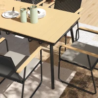 Outsunny Sitzgruppe 7-teilig Metall Essgruppe für 6 Personen Esstisch mit Tisch 6 Stühlen Esszimmergruppe Naturholz+Schwarz(m-8)