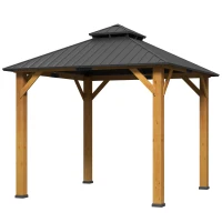 Outsunny 3x(3)M Outdoor Hardtop Gazebo Canopy with 2-Tier Roof and Solid Wood Frame, Outdoor Patio Shelter for Patio, Garden, Grey(m-11)