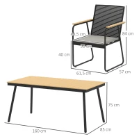 Outsunny Sitzgruppe 7-teilig Metall Essgruppe für 6 Personen Esstisch mit Tisch 6 Stühlen Esszimmergruppe Naturholz+Schwarz(m-3)