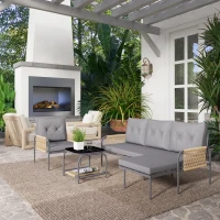 Outsunny Salotto da Giardino 4 Pezzi in Rattan con Divano, Chaise Longue, Poltrona e Tavolino con Cuscini, Grigio(m-8)