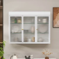 3-türiger Wandmontierter Glasschrank mit Gewölbtem Design, Vielseitiger Stauraum, 90×20×70 cm, Weiß(m-2)