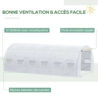 Outsunny Serre de jardin 18 m² dim. 6L x 3l x 2H m avec porte + parois latérales zippées enroulables, 12 fenêtres, acier PE haute densité 140 g/m² Anti-UV blanc(m-5)
