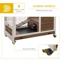 PawHut Conigliera in Legno con 4 Ruote, Casetta per Conigli e Rampa, 90x53x59cm, Marrone(m-7)