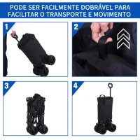 Outsunny Carrinho de Transporte Dobrável com Rodas Giratórias 360° e Guiador Ajustável 59-89 cm para Campismo Praia 108x55x61-91 cm Preto(m-6)