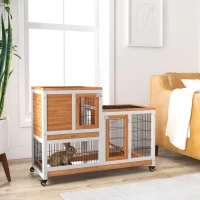 PawHut Wooden Indoor Hutch Elevated Cage w/ Wheel, Run, Yellow(m-9)