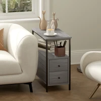 HOMCOM Side Table, Narrow Bedside Table with 2 Drawers and Storage Shelf, Industrial End Table with Metal Frame for Small Spaces, Grey Wood Grain(m-10)