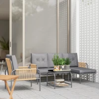 Outsunny Salotto da Giardino 4 Pezzi in Rattan con Divano, Chaise Longue, Poltrona e Tavolino con Cuscini, Grigio(m-2)