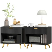 HOMCOM Elegant Bedside Table Set of 2, with Drawer and Shelf - Black/Gold Tone(m-11)