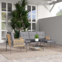Outsunny Salotto da Giardino 4 Pezzi in Rattan con Divano, Chaise Longue, Poltrona e Tavolino con Cuscini, Grigio(m-9)