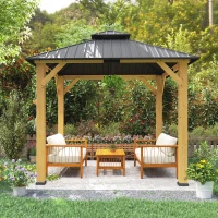 Outsunny 3x(3)M Outdoor Hardtop Gazebo Canopy with 2-Tier Roof and Solid Wood Frame, Outdoor Patio Shelter for Patio, Garden, Grey(m-9)