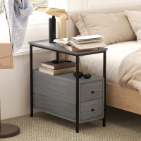 HOMCOM Side Table, Narrow Bedside Table with 2 Drawers and Storage Shelf, Industrial End Table with Metal Frame for Small Spaces, Grey Wood Grain(m-7)