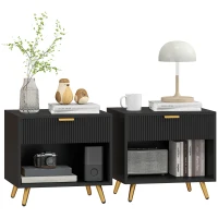 HOMCOM Elegant Bedside Table Set of 2, with Drawer and Shelf - Black/Gold Tone(m-1)