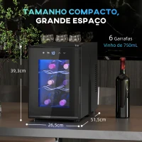 HOMCOM Cave de Vinho para 6 Garrafas com Luz LED Ecrã Tátil Controlo de Temperatura e 2 Prateleiras Ajustáveis 26,5x51,5x39,3 cm Preto(m-3)