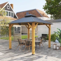 Outsunny 3x(3)M Outdoor Hardtop Gazebo Canopy with 2-Tier Roof and Solid Wood Frame, Outdoor Patio Shelter for Patio, Garden, Grey(m-8)