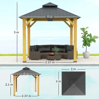 Outsunny 3x(3)M Outdoor Hardtop Gazebo Canopy with 2-Tier Roof and Solid Wood Frame, Outdoor Patio Shelter for Patio, Garden, Grey(m-3)