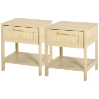HOMCOM Bedside Table Set of 2 with Rattan Drawer, Rustic Side Tables with Storage Shelf for Bedroom, Living Room, Natural(m-11)