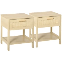 HOMCOM Bedside Table Set of 2 with Rattan Drawer, Rustic Side Tables with Storage Shelf for Bedroom, Living Room, Natural(m-1)