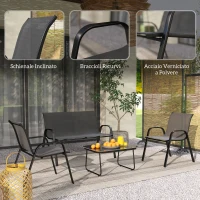 Outsunny Set da Giardino con Divano 2 Posti, 2 Poltrone Impilabili e Tavolino in Vetro, Nero(m-8)