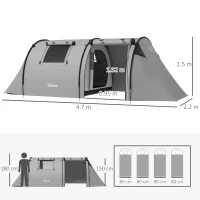 Outsunny Four Man Duo Room Tunnel Tent, with Accessories - Grey(m-3)