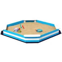 AIYAPLAY Arenero Infantil de Madera con 4 Asientos Diseño de Rayas y Base Protectora para Jardín 133x133x16 cm Azul y Blanco(m-11)
