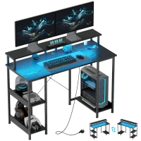 HOMCOM LED Computer Desk, with Power Outlets and Shelves - Black(m-10)