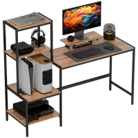 HOMCOM Biurko komputerowe z podwyższeniem monitora, 4-poziomowymi półkami, design industrialny, Brązowe(m-10)