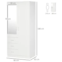 HOMCOM Armario Ropero de 2 Puertas con Espejo 3 Cajones Estantes Ajustables y Barra para Colgar Incluida 80x50x180 cm Blanco(m-3)