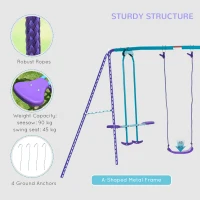 Outsunny Metal Swing Set, with Seesaw, Adjustable Height, for Ages 3+ Years, Purple(m-5)