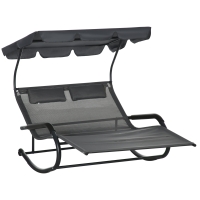 Outsunny Chaise longue double avec toit solaire appui-têtes bain de soleil à bascule ergonomique 2 roues 200 x 139 x 140 cm noir