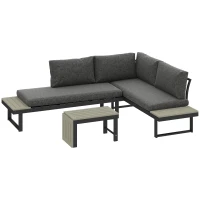 Outsunny 4 Seater L Shaped Aluminium Sectional Garden Furniture Set with 2 Loveseats and Wood-Plastic Coffee Table - Dark Grey(m-1)