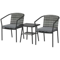 Outsunny 3 Pieces Rattan Bistro Set with Cushions, Wicker Garden Furniture Set, Glass Top Coffee Table and Chairs for Outdoor Patio, Balcony, Terrace and Conservatory, Grey(m-11)