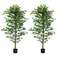 HOMCOM Pack de 2 Plantas Artificiales con Troncos Naturales 180 cm Ficus Sintética con 1260 Hojas Decoración para Hogar Verde