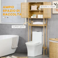 kleankin Mobile Bagno Sopra WC Salvaspazio in Bambù , Scaffale per Lavatrice con Armadietto a 2 Ante, 60x23x173cm(m-4)