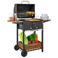 Outsunny Holzkohlegrill, höhenverstellbare Kohlenpfanne, Grillwagen, Regale, Thermometer, Flaschenöffner, Stahl, Holz, Schwarz(m-10)