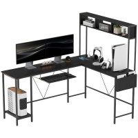 HOMCOM Bureau modulable, bureau d'angle avec Prise et port USB, Style Industriel Étagères de Rangement et Plateau Clavier, Noir
