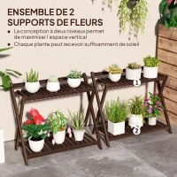 Outsunny Lot de 2 support plantes intérieur 2 niveaux étagères à plants avec support arrière 73 x 36 x 64 cm marron(m-4)