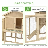 PawHut Poulailler clapier modèle chalet multi-équipé : rampes, nichoirs, plateau, en bois massif 204 x 85 x 93 cm bois naturel(m-7)