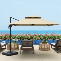 Outsunny 2.7 x 2.7 m Cantilever Parasol with Aluminium Frame, Crank and Tilt, 360-Degree Rotation, Double Top Garden Umbrella with Base and Cover, Khaki(m-8)