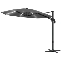 Outsunny Aluminiowy Parasol Ogrodowy LED Solar Ø300 cm Regulowana Wysokość z Korbką UV50+ Ciemnoszary(m-1)