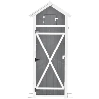 Outsunny Gartenschrank Holz, Geräteschuppen wetterfest 78x52,5x182cm, Gerätehaus mit Tür, Satteldach, Geräteschrank mit Haken, faltbar Tisch, Werkzeugschrank Gartenschuppen für Garten, Terrasse, Grau(m-12)