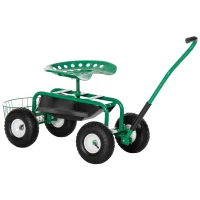 Outsunny Gartenwagen mit Rollsitz bis 150 kg mit Ablage Korb für kleine Gartengeräte Werkstattwagen fahrbar Gartensitz Richtung steuerbar Sitzhöhe 46-59 cm höhenverstellbar Metall Gummi Grün(m-10)