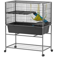 PawHut Jaula para Animales Pequeños de 3 Niveles con Rampas Antideslizantes Puertas Amplias y Ruedas con Freno 88x48x102cm Gris(m-11)